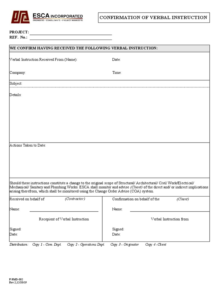 Confirmation of Verbal Instruction Template | PDF | Finance & Money ...