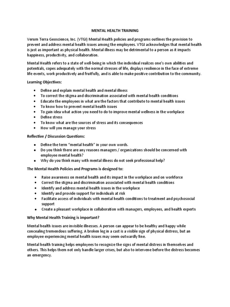 Mental Health Training in The Workplace | PDF | Mental Health | Mental ...