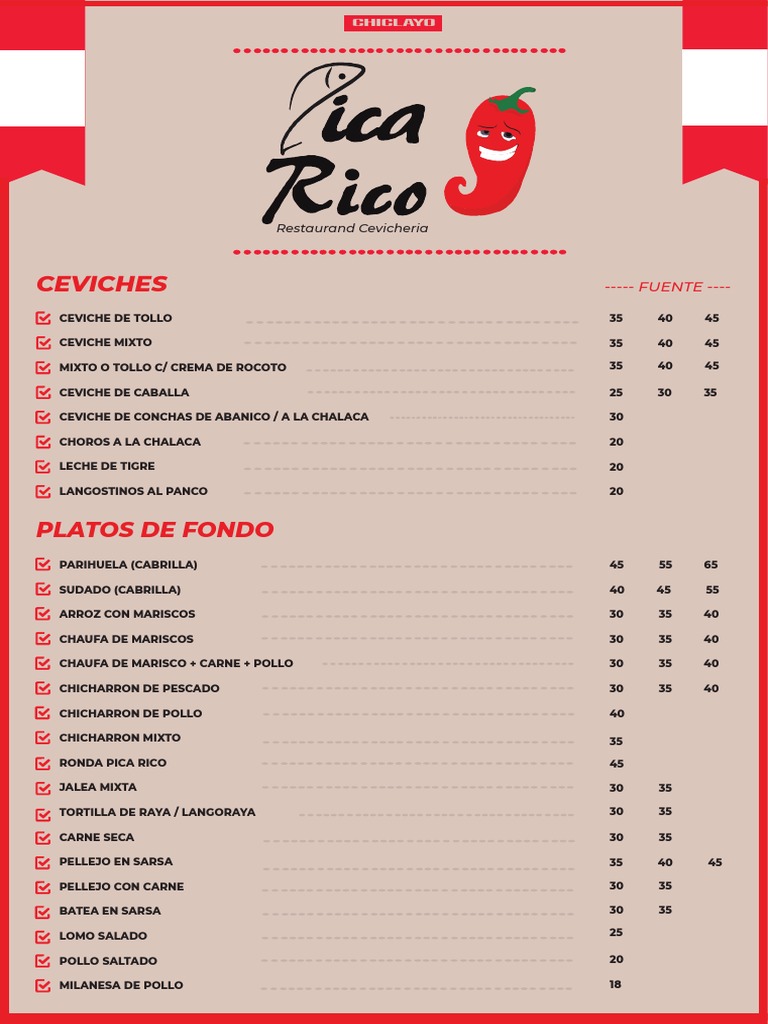 Menú de Cevichería en Chiclayo | PDF | Mariscos | Cocina