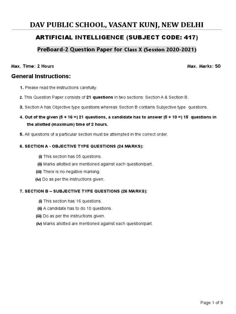 Class X AI PreBoard-2 Question Paper | PDF | Intelligence (AI ...