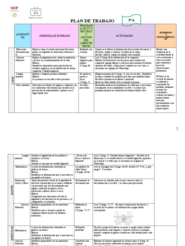 Plan de Trabajo para Tercer Grado | PDF