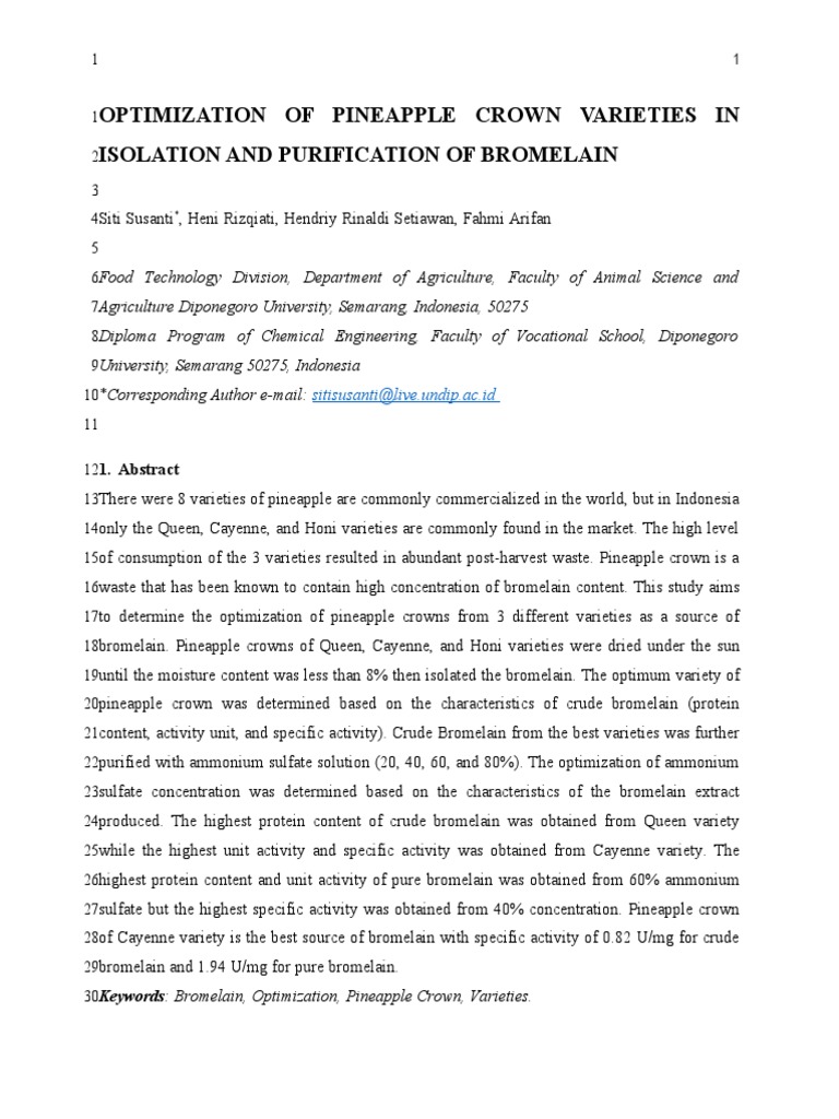 Optimization of Pineapple Crown Varieties in Isolation and Purification of Bromelain PDF