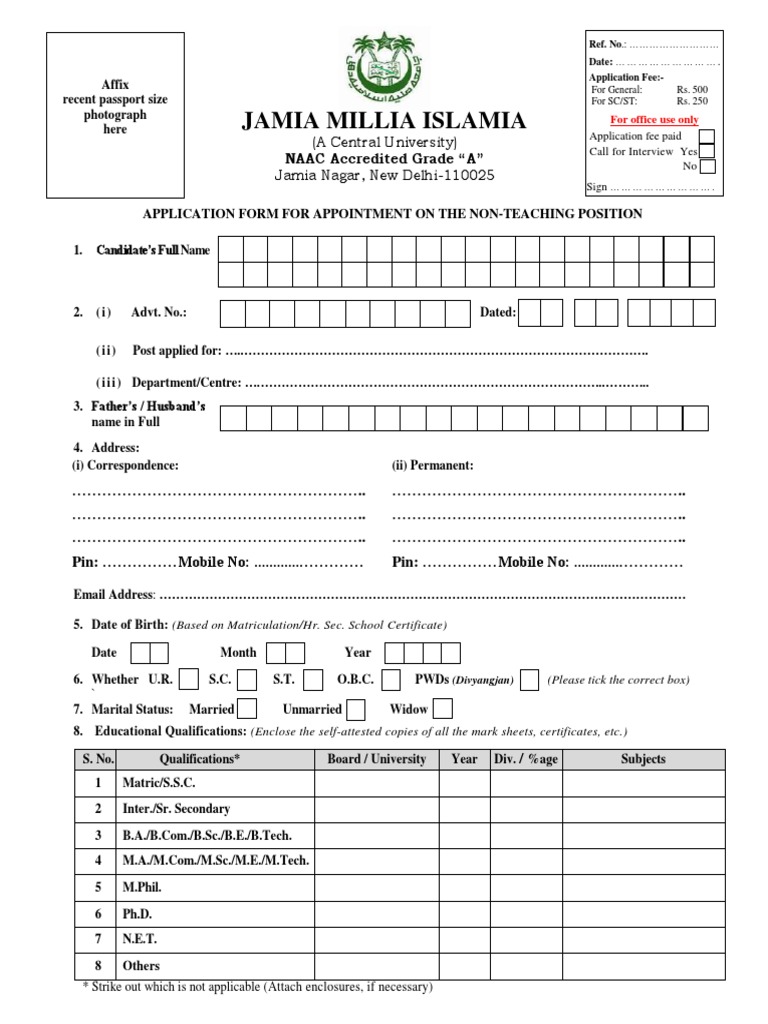 Jamia Millia Islamia: Application Form For Appointment On The Non ...
