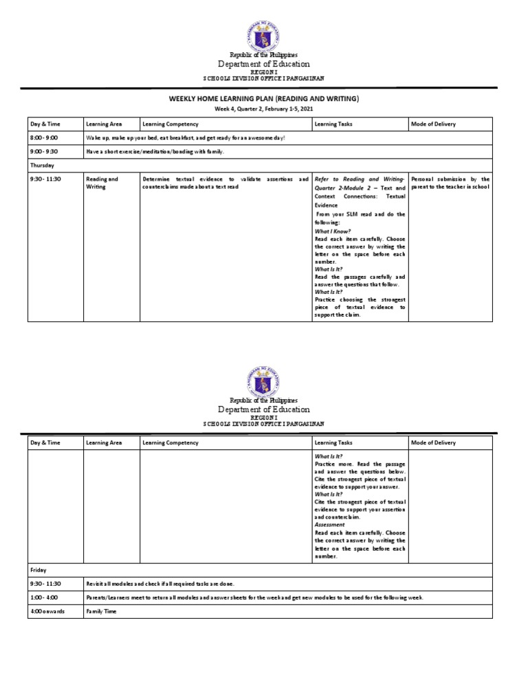 Department of Education Weekly Home Learning Plan (Reading and Writing