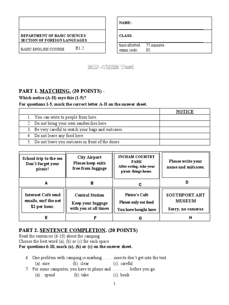 Part 1. Matching. (20 Points) : Mid - Term Test | PDF | Penguin