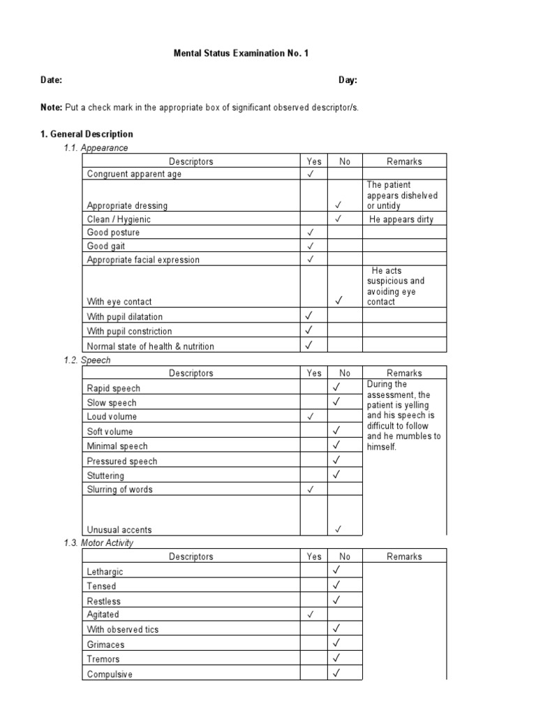1.1. Appearance Mental Status Examination No. 1 Date Day 1. General