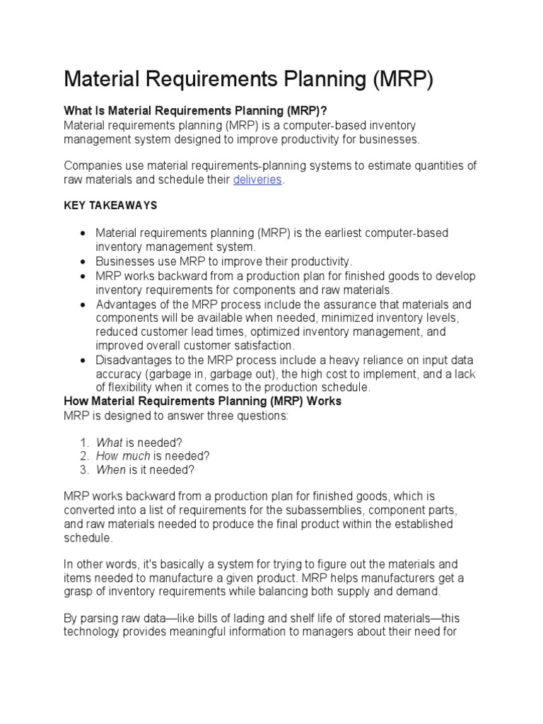 Material Requirements Planning PDF Inventory Business Economics