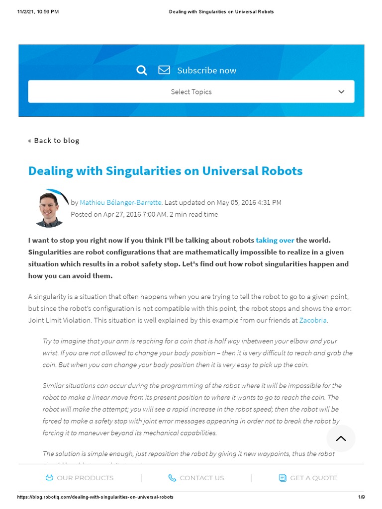 Dealing With Singularities On Universal Robots PDF Robot Robotics