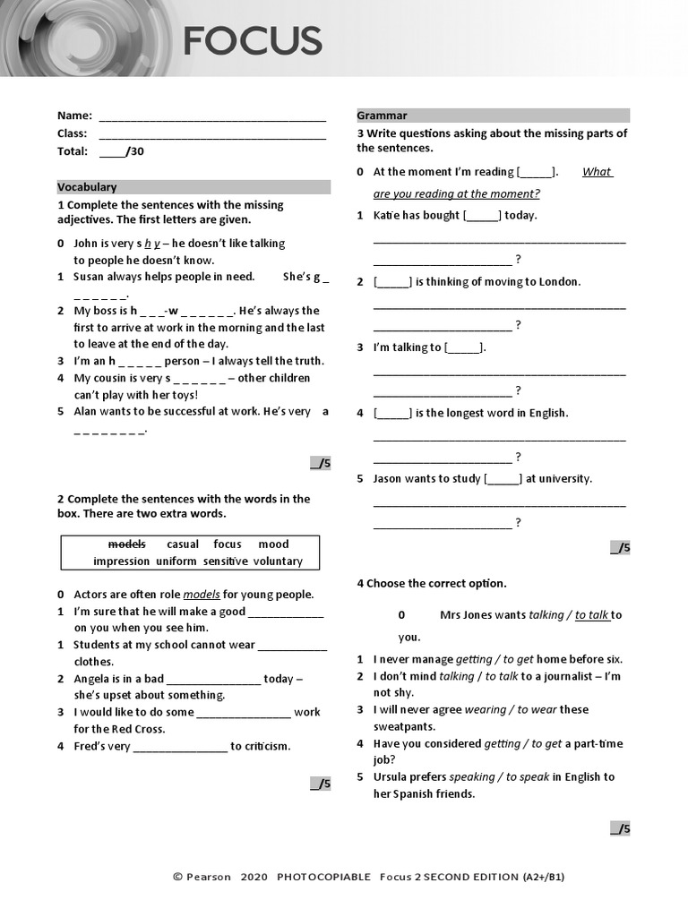 Focus2 2E Unit Test Vocabulary Grammar UoE Unit1 GroupA | PDF