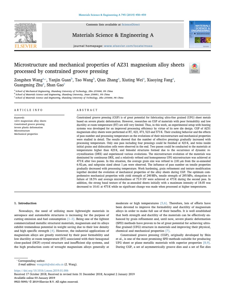 Microstructure and Mechanical Properties of AZ31 Magnesium Alloy Sheets ...