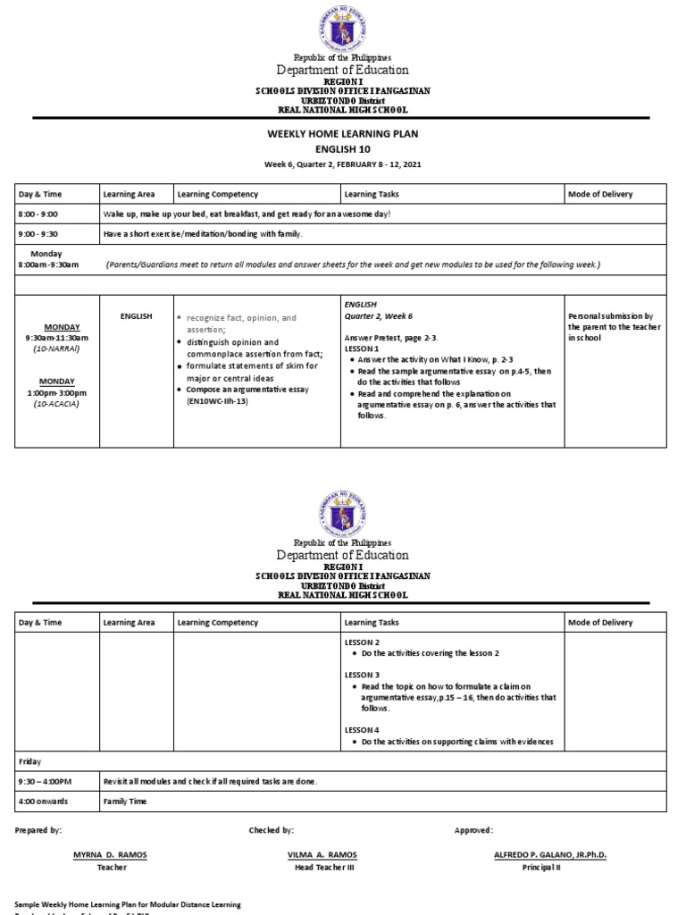 Weekly Home Learning Plan: English 10 | PDF | Learning | Cognition
