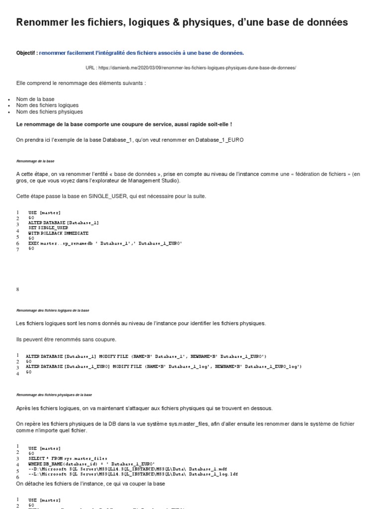 Renommer fichiers d'une base SQL Server | PDF | Microsoft SQL Server ...