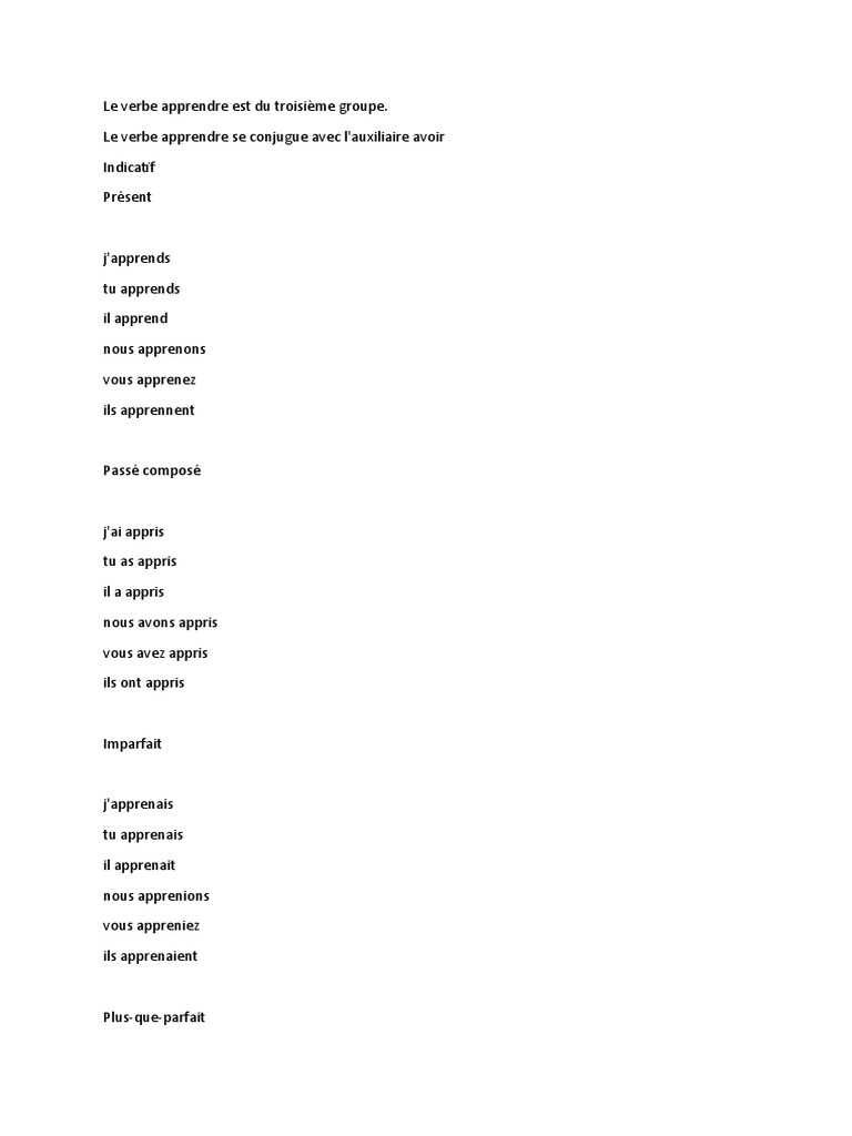 Conjugaison du verbe apprendre | PDF | Verbe | Unités sémantiques