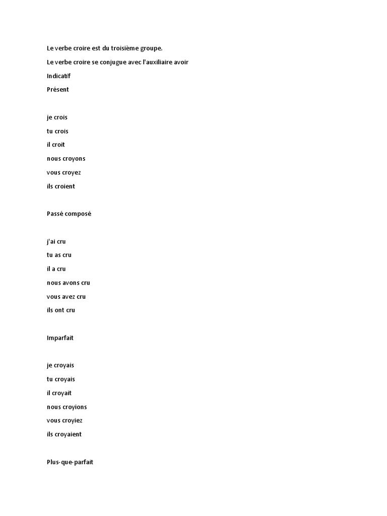 Verbe Croire Au Present De L indicatif Conjugaison Du Verbe Croire | PDF