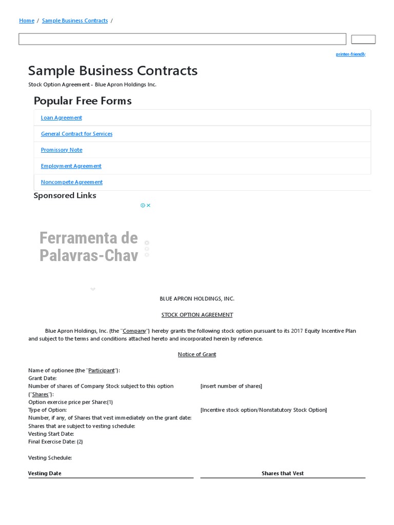 Stock Option Agreement Blue Apron Holdings Inc. Sample Contracts