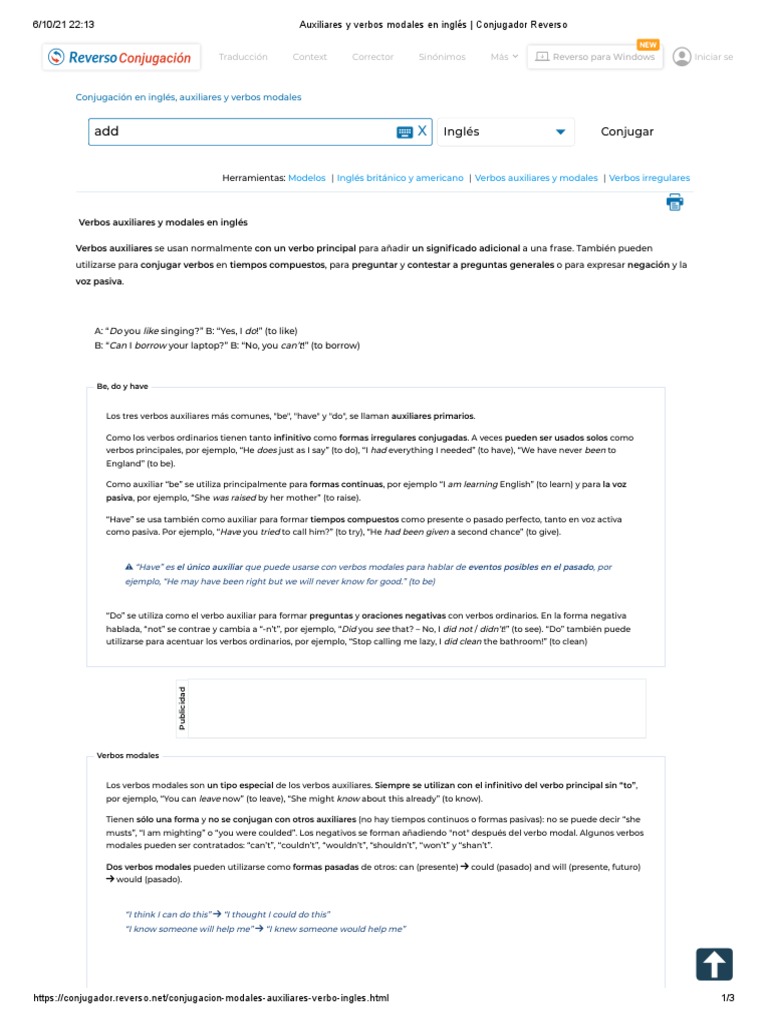 Auxiliares y Verbos Modales en Inglés - Conjugador Reverso | PDF ...