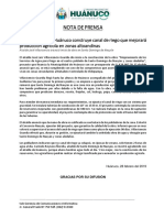 Nota de Prensa - Municipalidad de Huánuco Construye Canal de Riego Que Mejorará Producción Agrícola