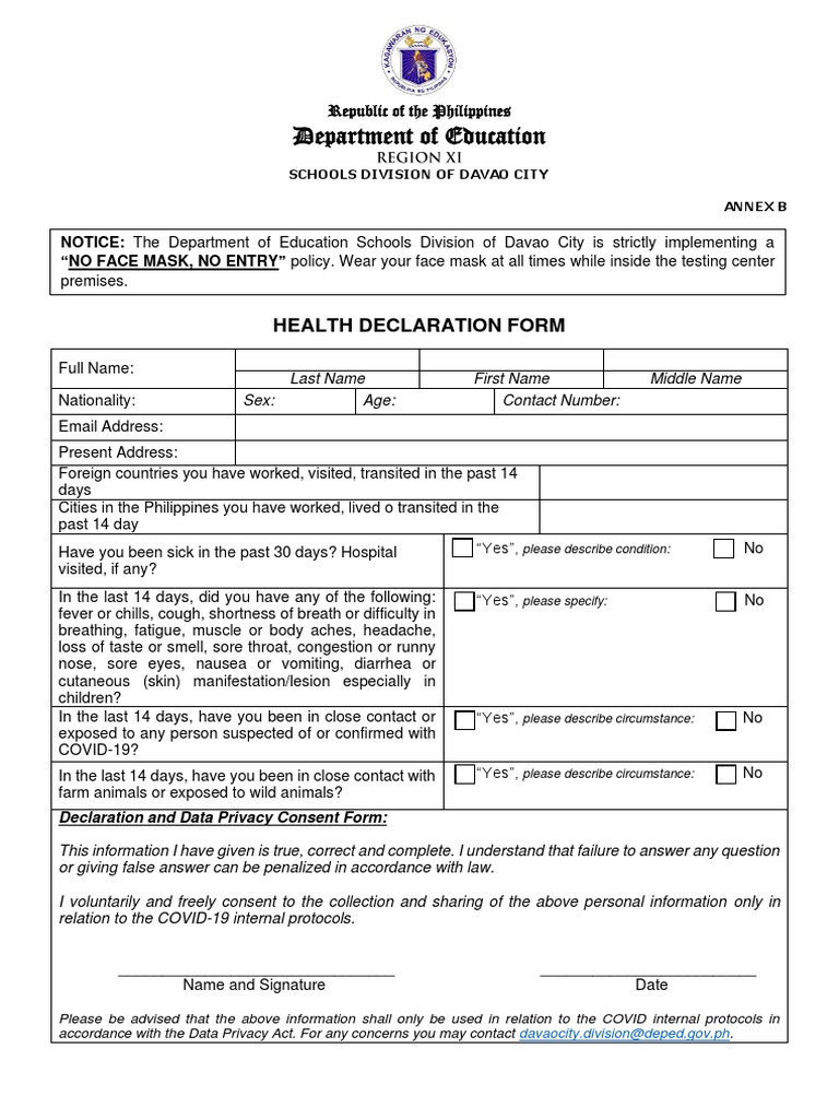 COVID-19 Health Declaration Form | PDF | Diseases And Disorders | Medicine