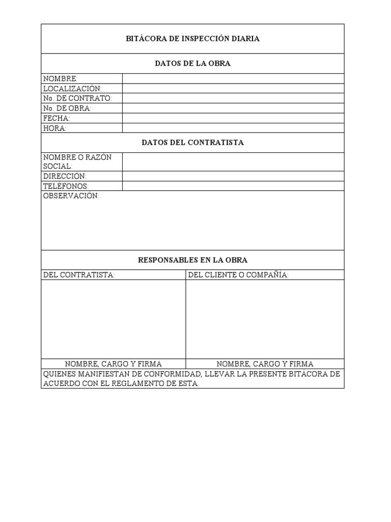 Ejemplo de Bitácora de Inspección de Obra | PDF