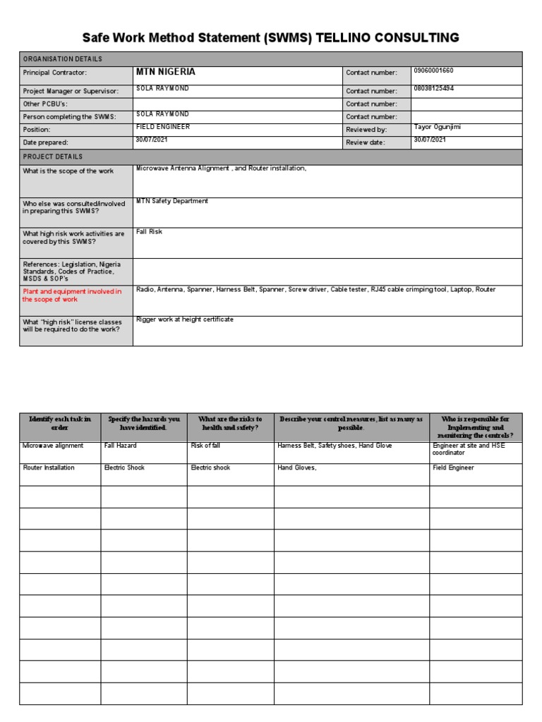 SWMS for Microwave Antenna Work | PDF | Safety | Occupational Safety ...