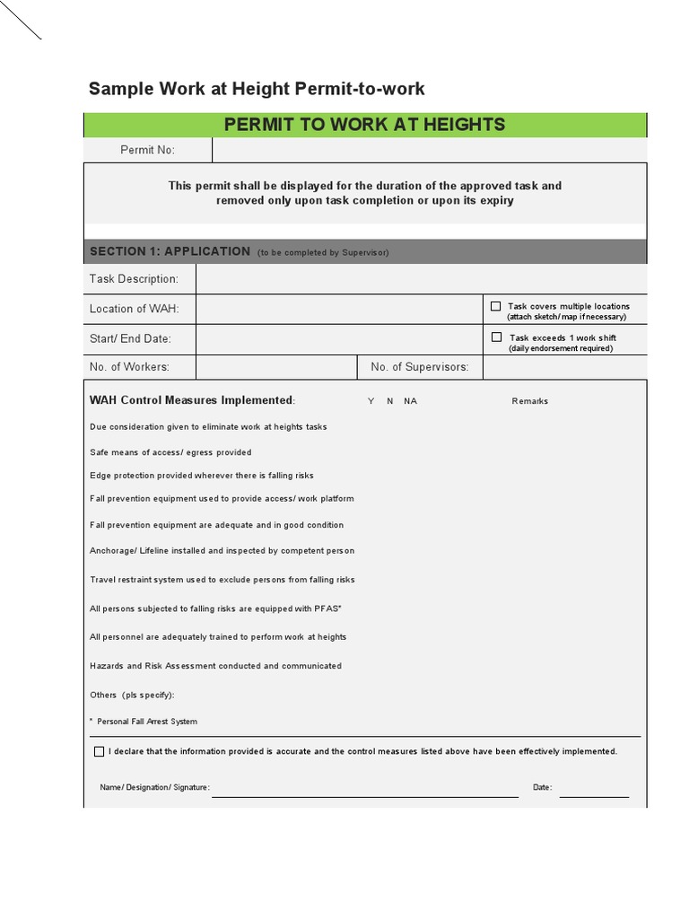 4 Sample Work at Height Permit PDF Occupational Safety And Health