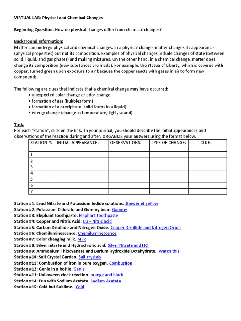 Physical and Chemical Change Virtual Lab PDF Chemical Substances