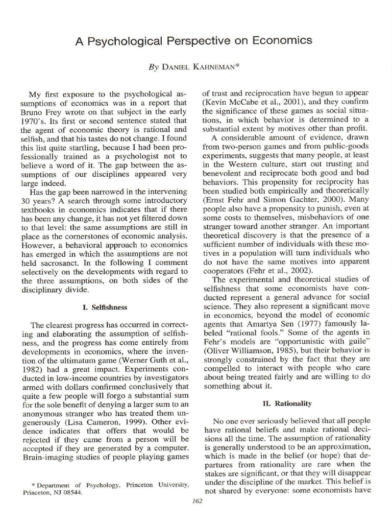 Kahneman, D. (2003) - A Psychological Perspective On Economics. PP 162 ...