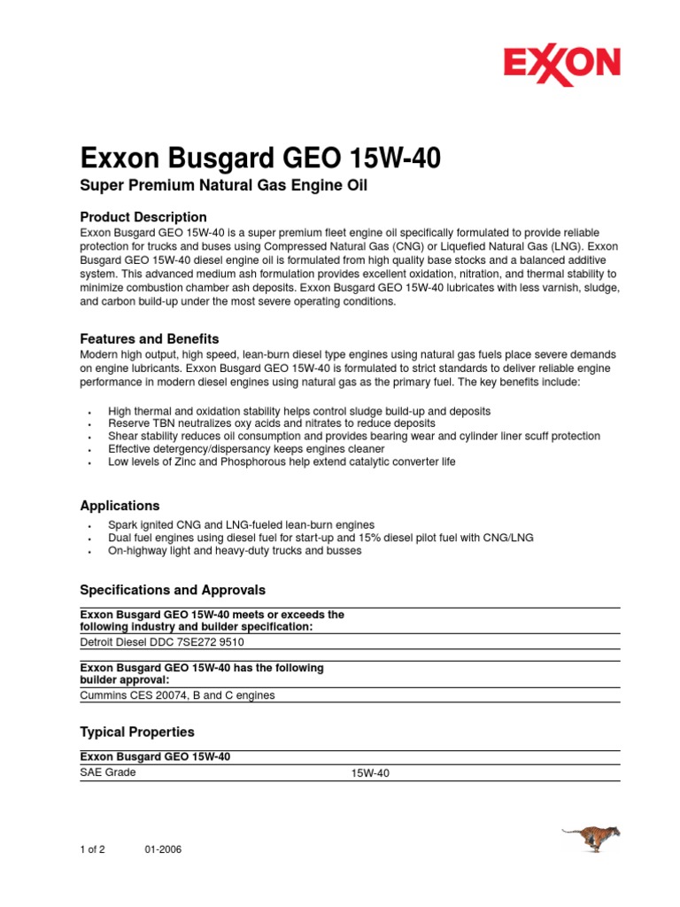 Exxon Busgard GEO 15W-40: Super Premium Natural Gas Engine Oil ...