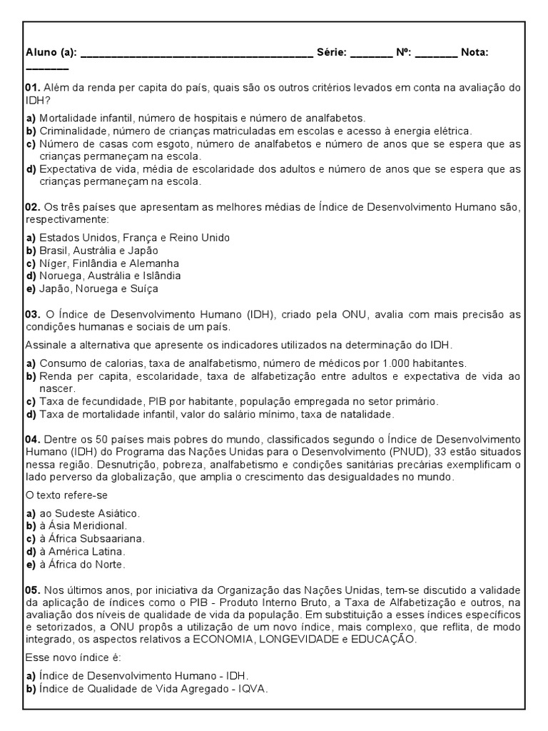Questões sobre o Índice de Desenvolvimento Humano (IDH) e seus ...