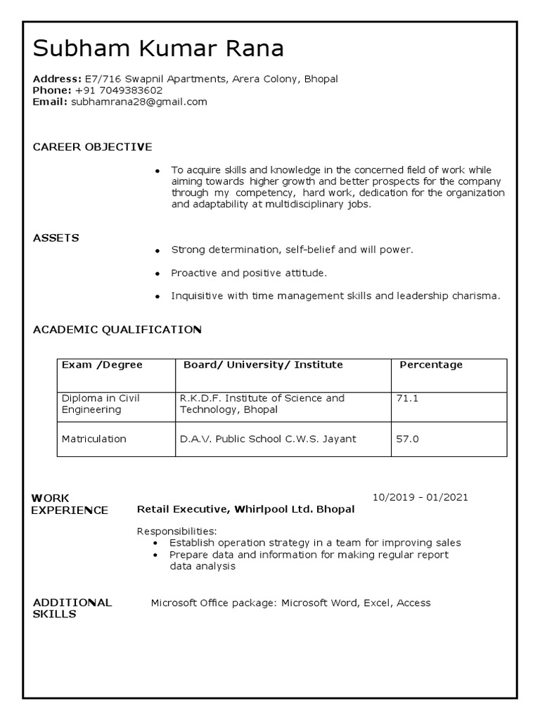 Subham Kumar Rana: Career Objective | PDF