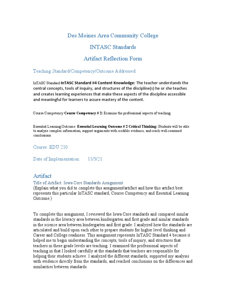 Intasc Iowa Core Assignment | PDF | Teachers | Learning