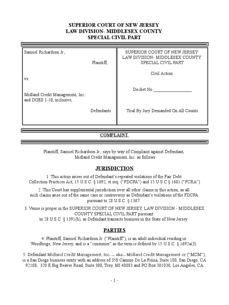 Midland Credit Management, Inc. COMPLAINT - Doc - 0 | PDF | Debtor | Debt
