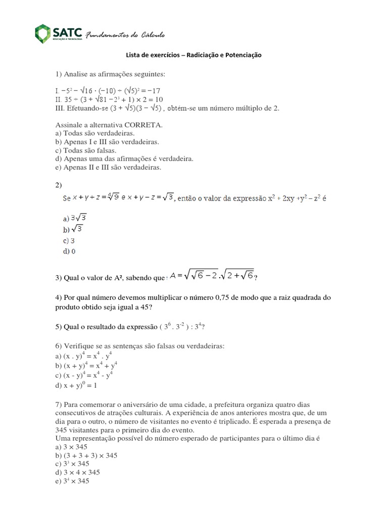 Exercícios de Potenciação e Radiciação | PDF