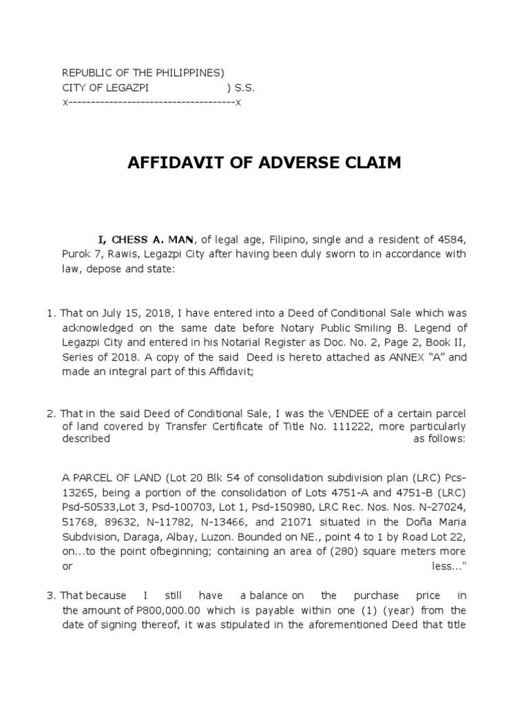 Sample Affidavit Of Adverse Claim Affidavit Document - vrogue.co