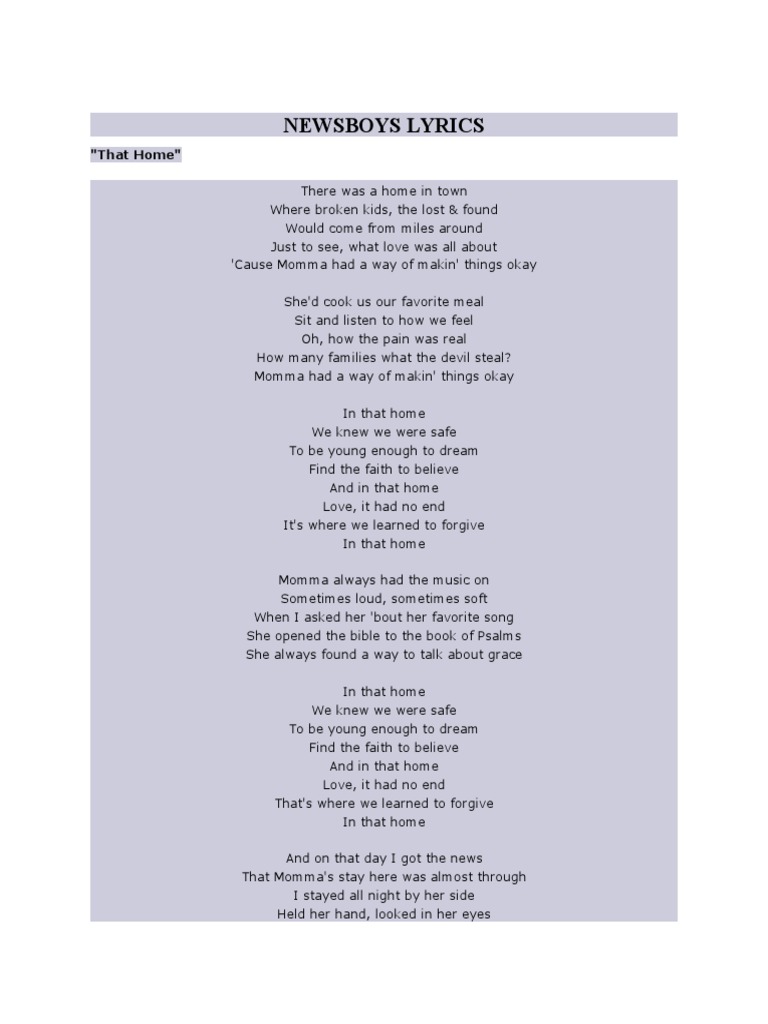 Newsboys Lyrics "That Home" PDF
