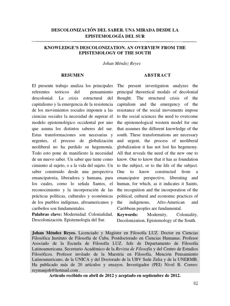 Descolonización Del Saber. Una Mirada Desde La Epistemología Del Sur