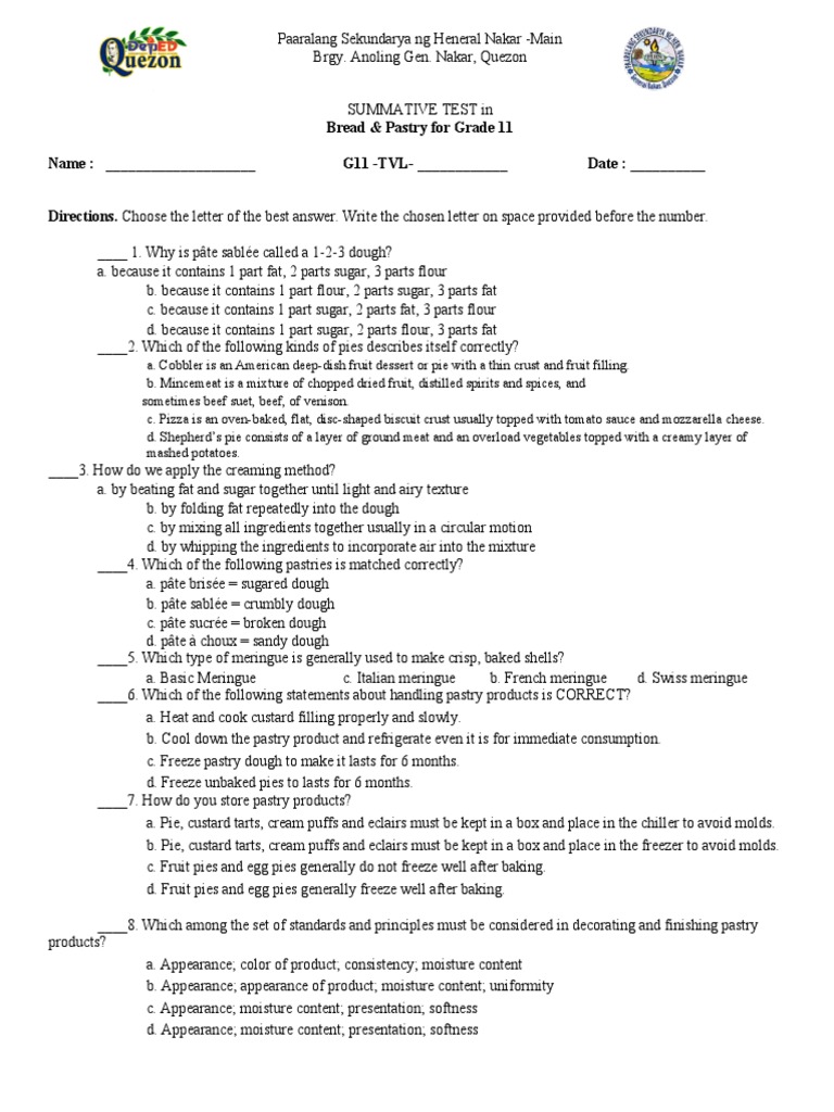 Summative Test in Bread & Pastry for Grade 11 Paaralang Sekundarya ng