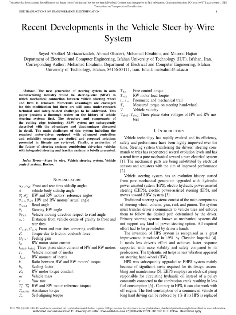 Recent Developments in The Vehicle SteerbyWire System Ieee