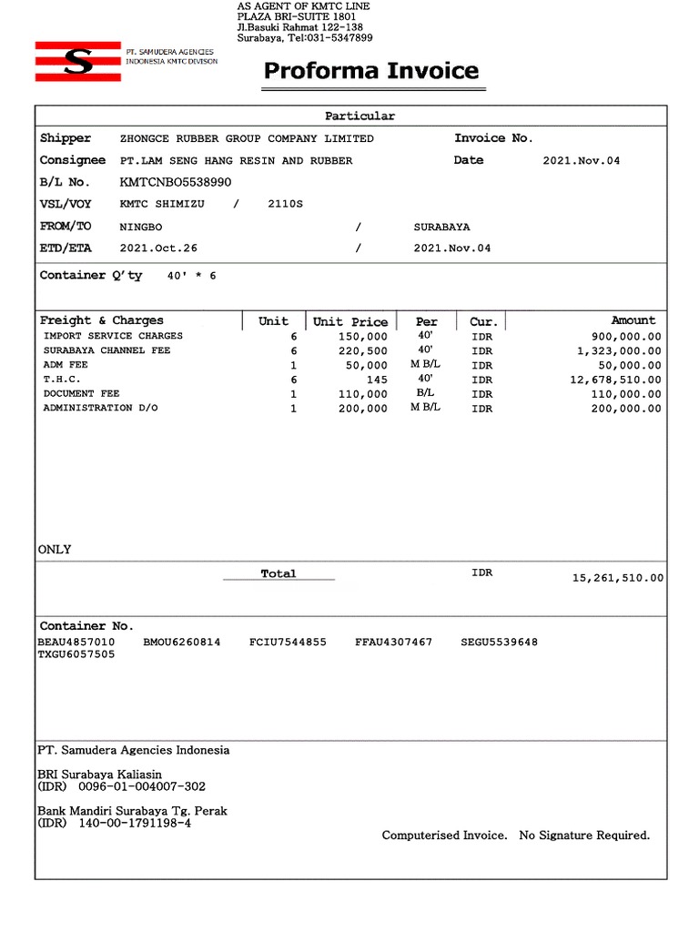 Import Service Charges Surabaya Channel Fee Adm Fee T.H.C. Document Fee