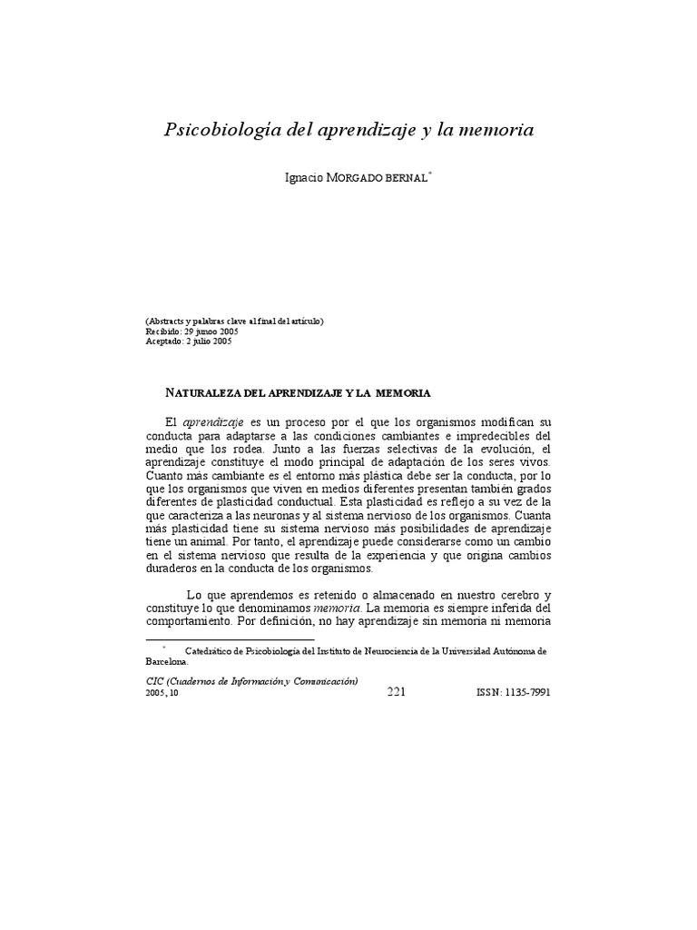 Psicobiología del Aprendizaje y Memoria | PDF | Memoria | Aprendizaje