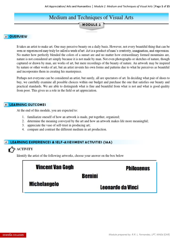 Medium and Techniques of Visual Arts | PDF | Lithography | Paintings