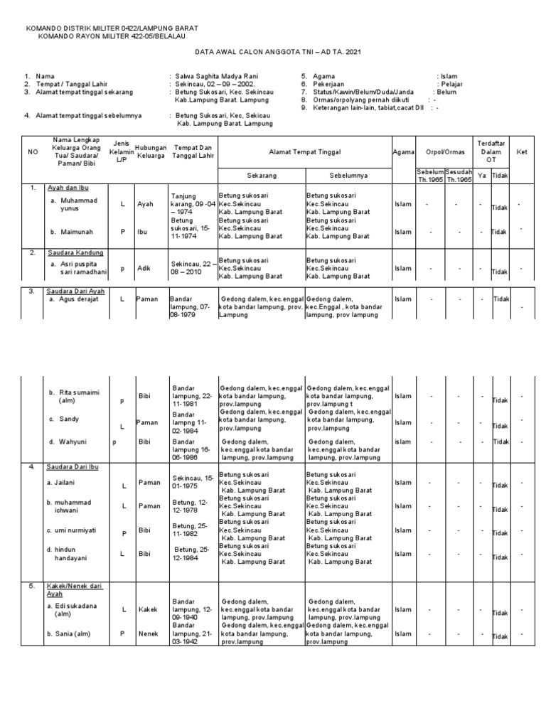 Contoh Surat SKBD TNI AD 2021 | PDF