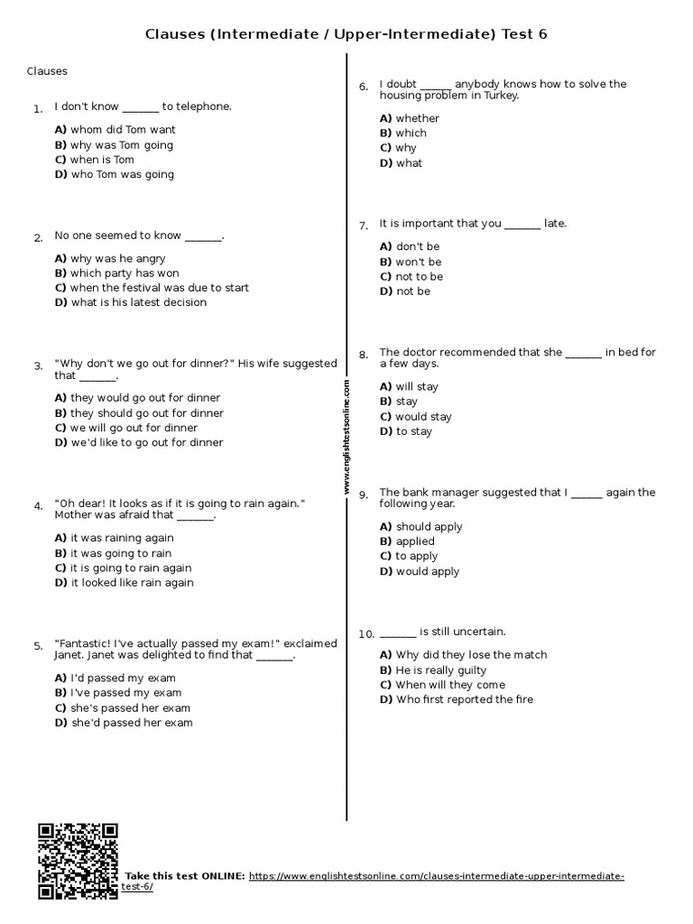56 Clauses Intermediate Upper Intermediate Test 6 | PDF