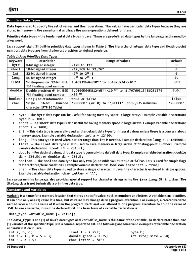 Table 1: Java Primitive Data Types | PDF | Data Type | Integer ...