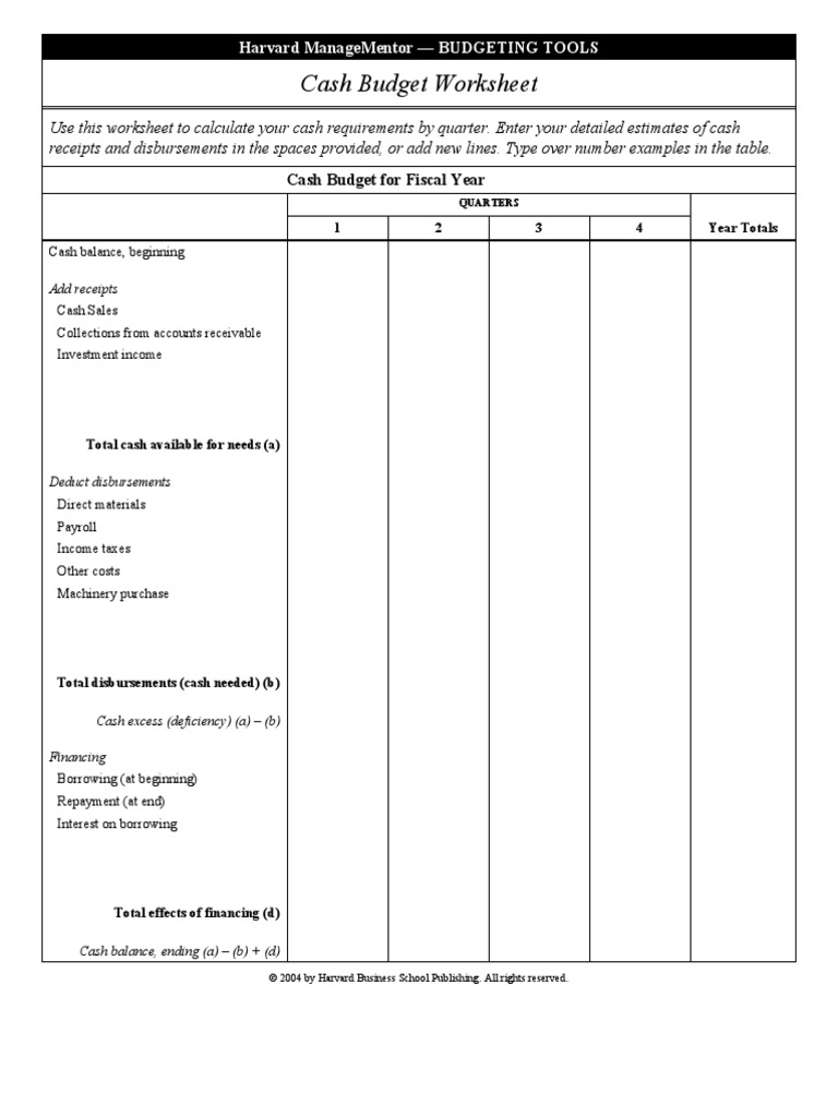 Cash Budget Worksheet | PDF