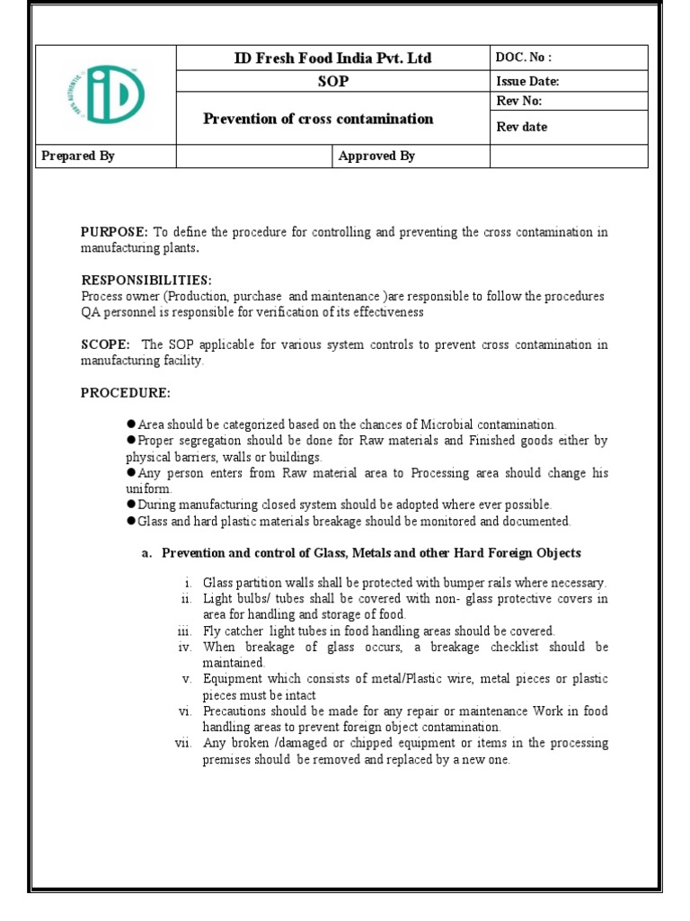 18.SOP For Prevention of Cross Contamination | PDF | Foods | Glasses