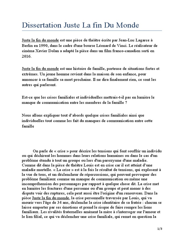 Juste La Fin Du Monde Dissertation Pdf Juste La Fin Du Monde PROGRAMME NOUVEAU BAC 2022 1ère Parcours « Crise  Personnelle, Crise Familiale » | siapp.cuaed.unam.mx