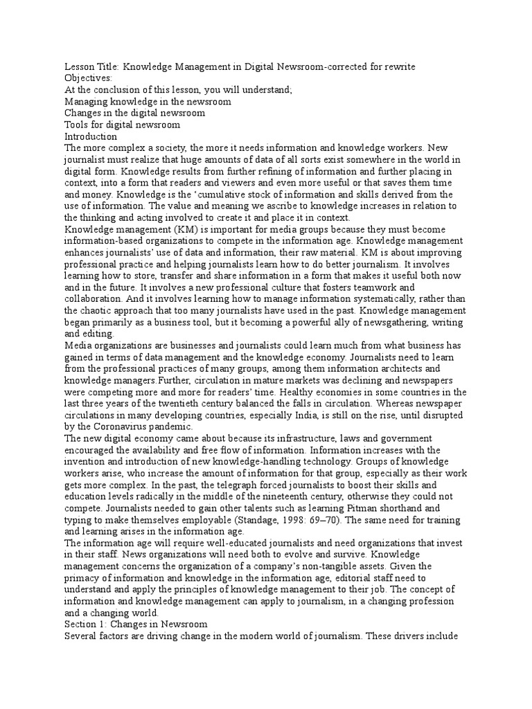 Knowledge Management in Digital Newsroom PDF News Journalism