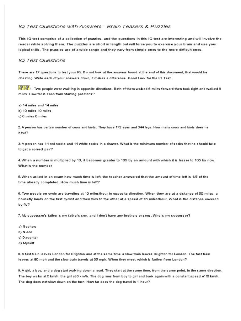 Iq Test Questions With Answers PDF Speed