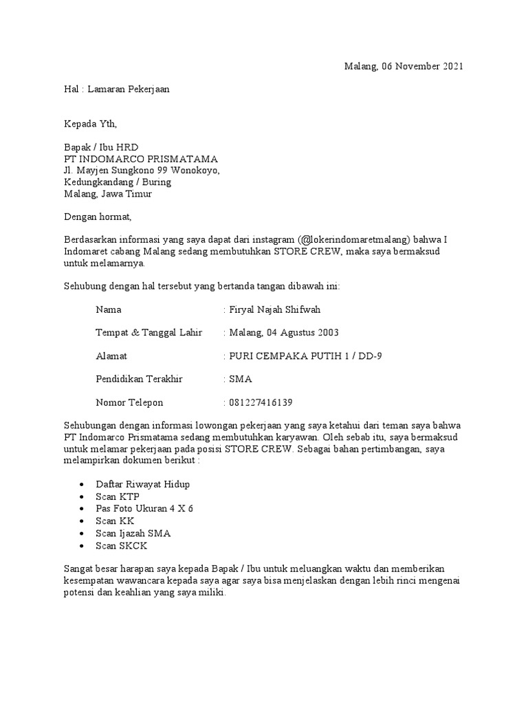 Contoh Surat Lamaran Kerja Di Indomaret Pdf